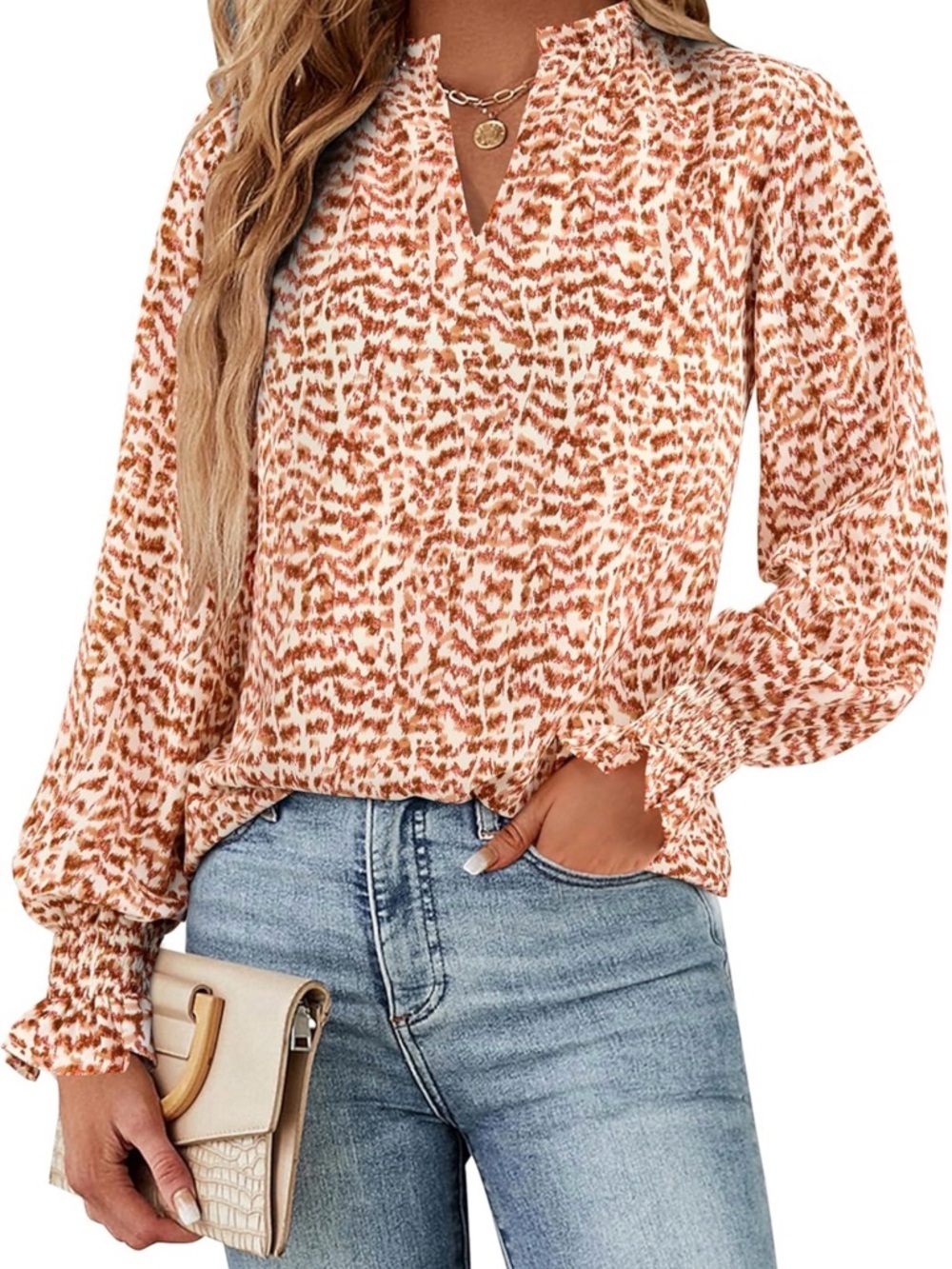 Women’s Cream & Rust Printed V-Neck Blouse - Medium